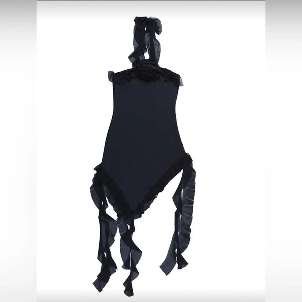 Black Halter Neck Ruffled Mini Dress - Picture 3 of 9